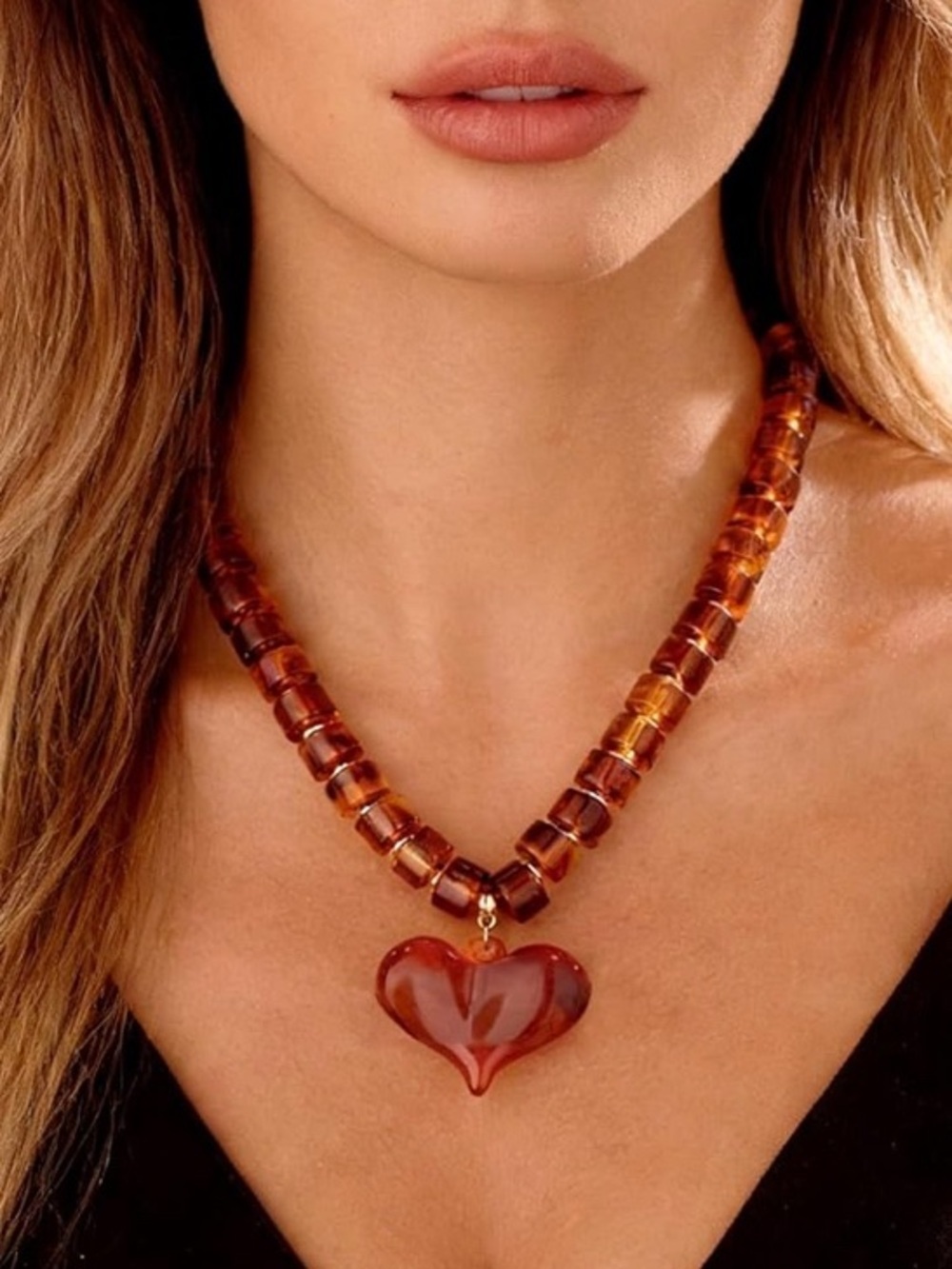 New! Amber Heart Bead Necklace - Brown Heart Pendant